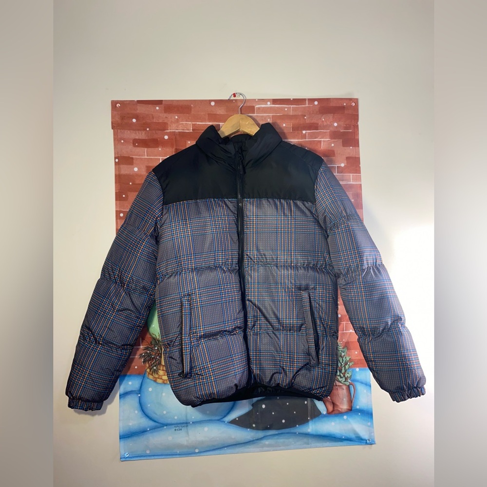 Check Printed Puffer with Black Panel